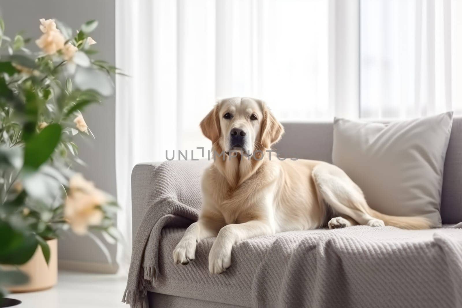 Modern living room interior Cute Golden Labrador Retriever near couch Generative AI.