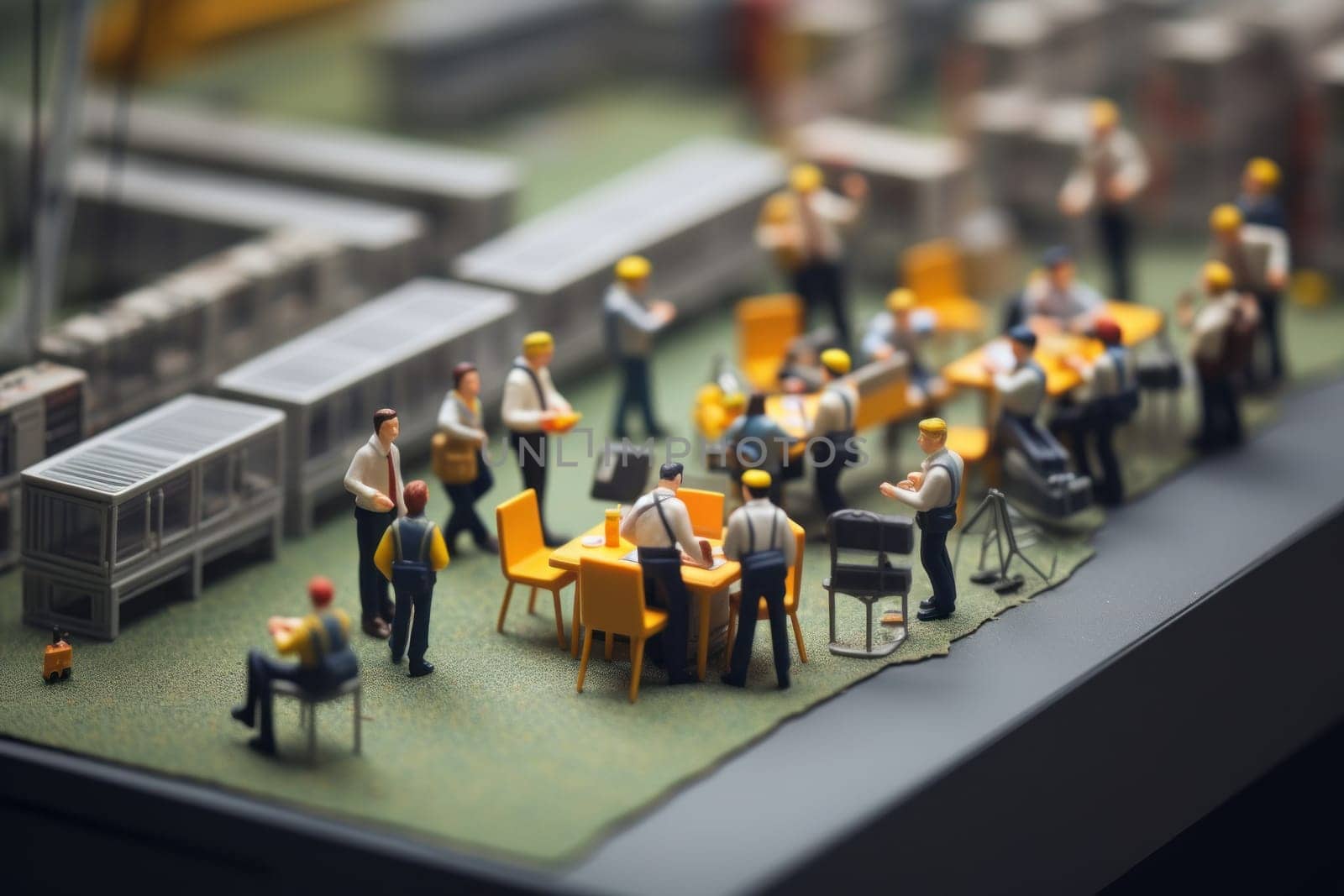 Miniature model a europe group of employees are sitting in a meeting.