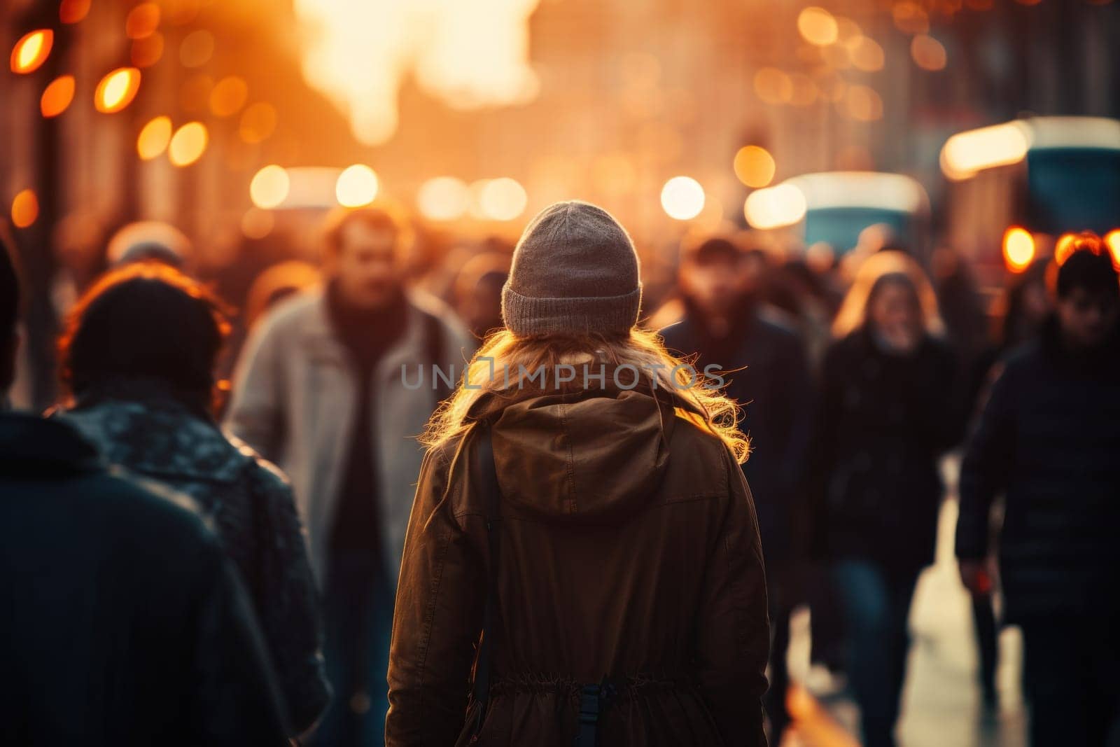 Crowd of people walking in the street with soft bokeh, fast moving in city.