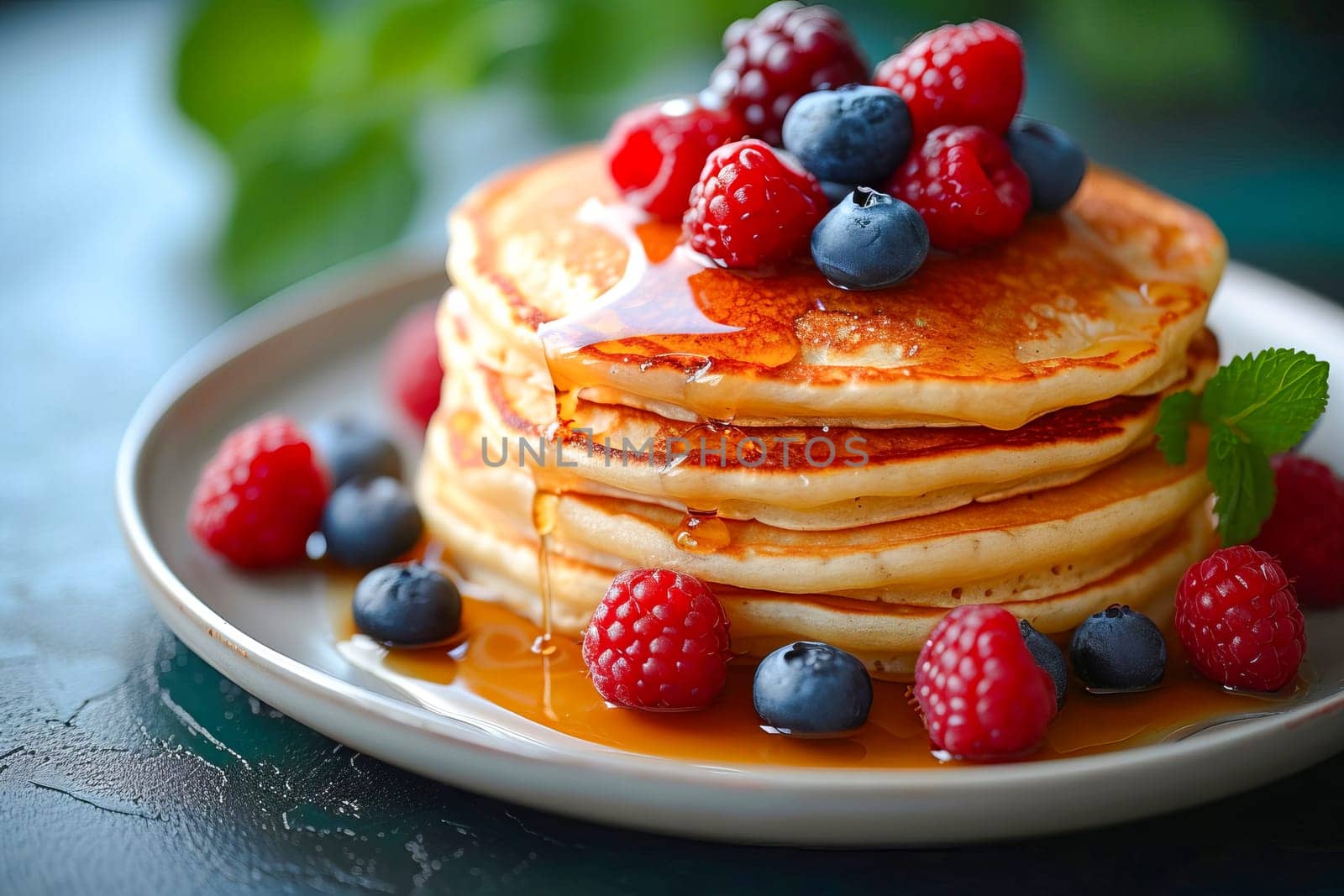 Pancakes with syrup, blueberries and raspberries on top on a table in a cafe.