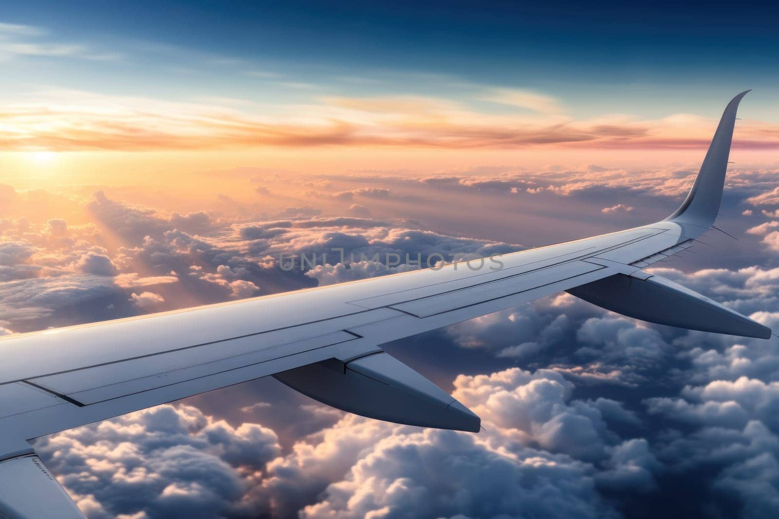 Photo View from the window of an airplane wing while flying over a blue sky.