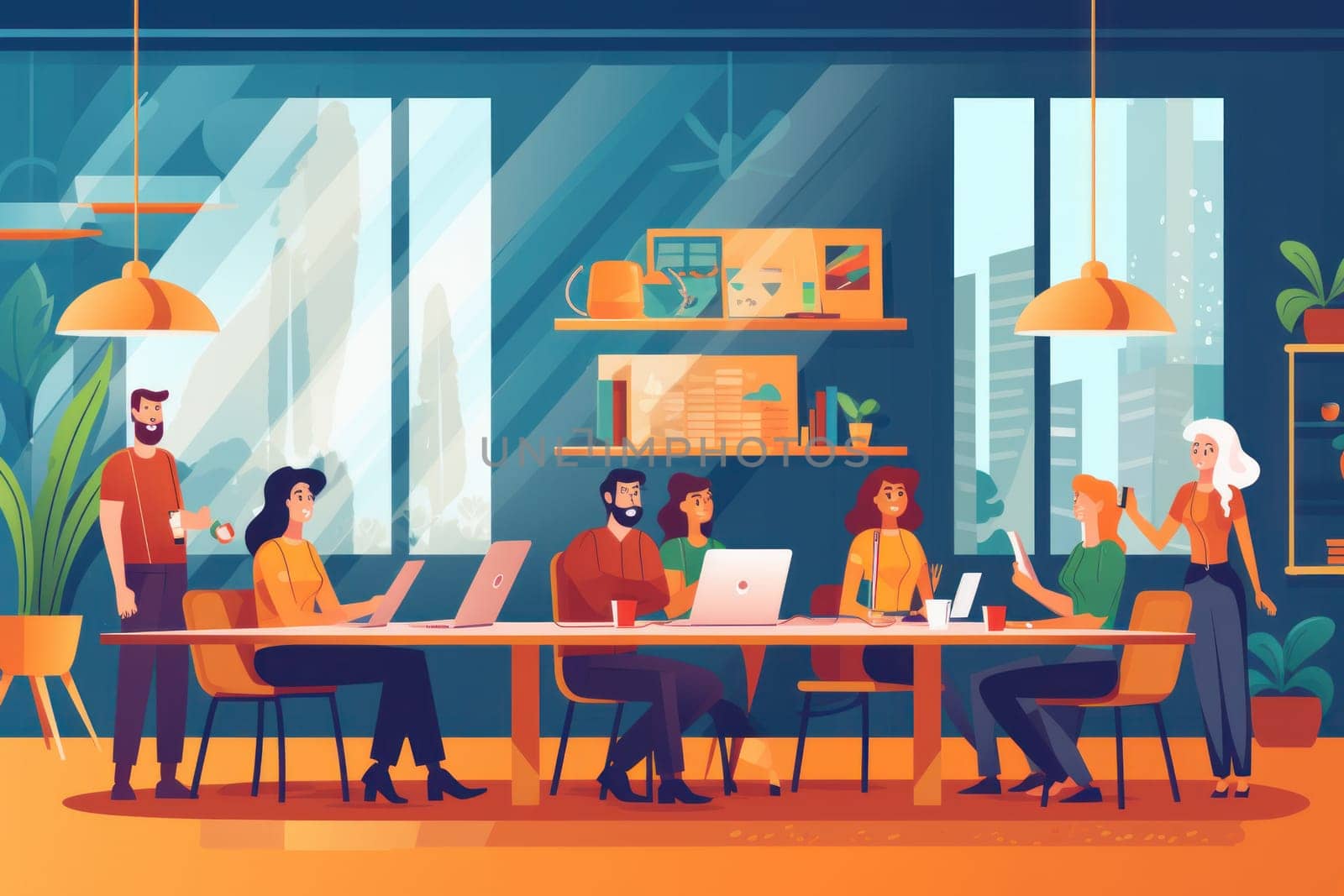 Group business team video conference meeting online concept. illustration cartoon character design concept, Generative AI.