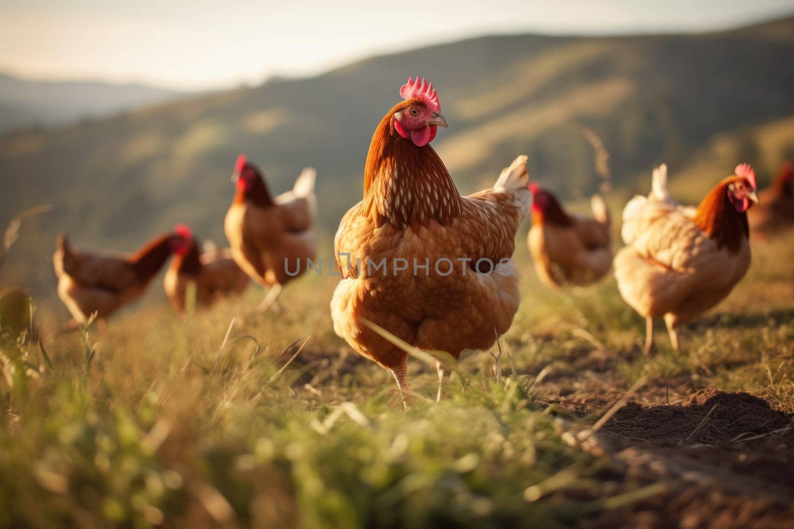 Enjoyable photo of free range chickens in the pasture.