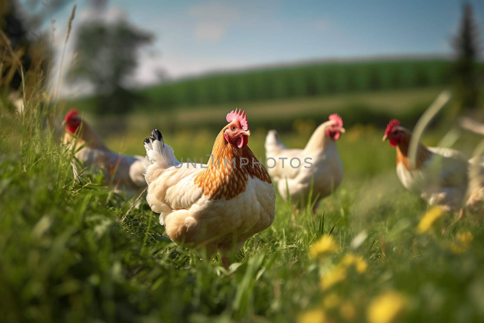 Enjoyable photo of free range chickens in the pasture.