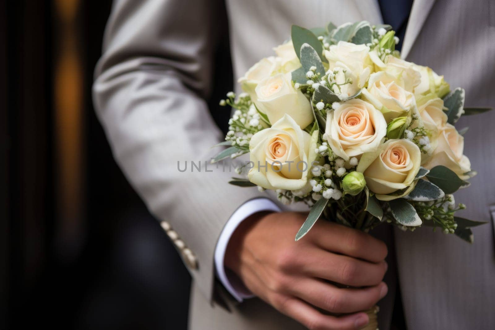 A close up of a bride's or groom's hands holding a bouquet.