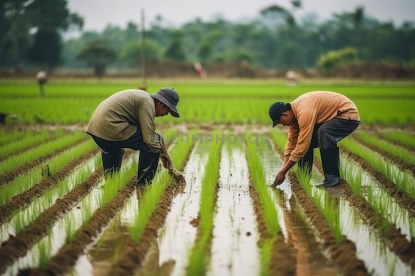 Agriculture of Asia Local Thai farmers are planting rice fields.