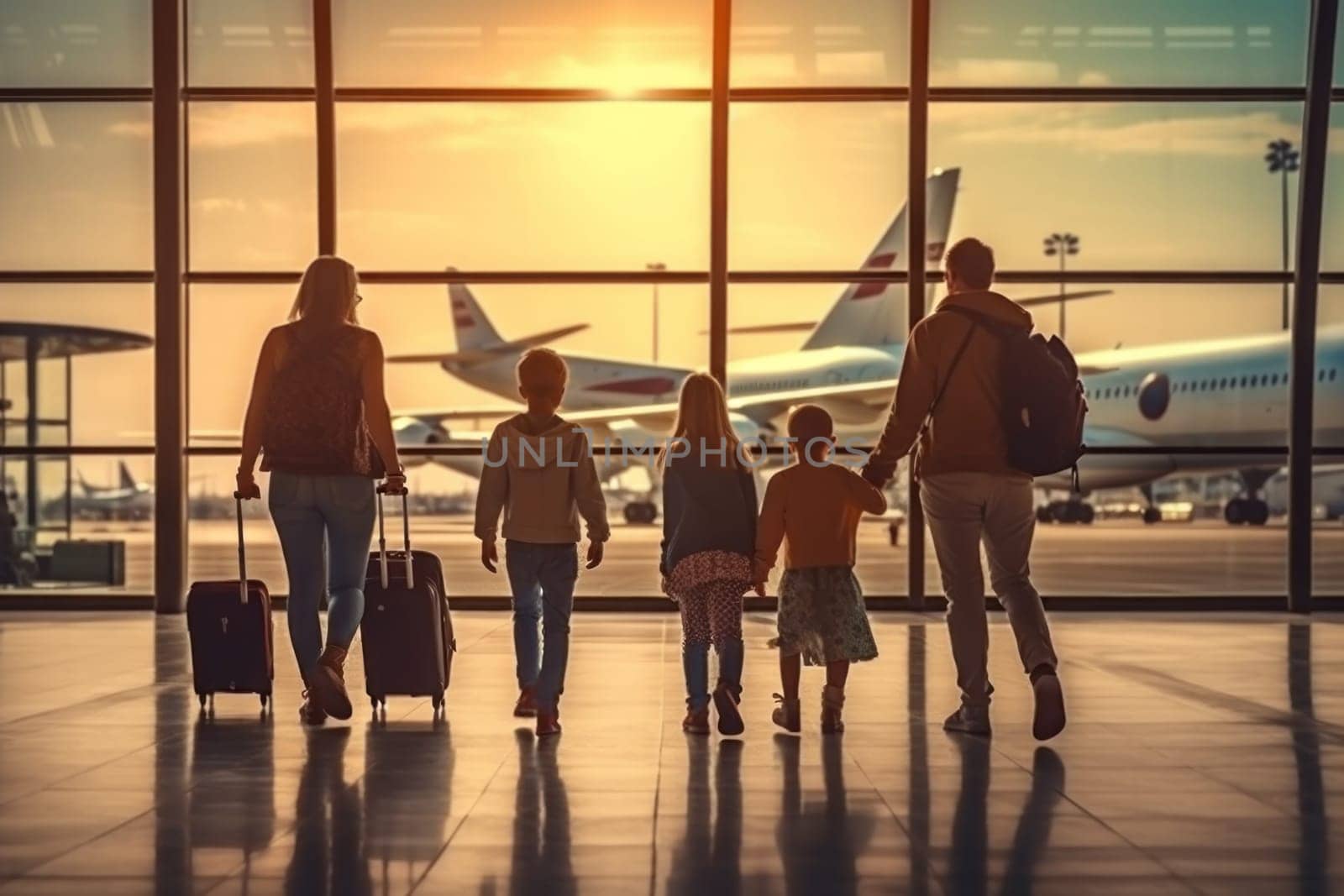 Family Trip Concept, family travel at airport,Time for family vacation, Generative AI.