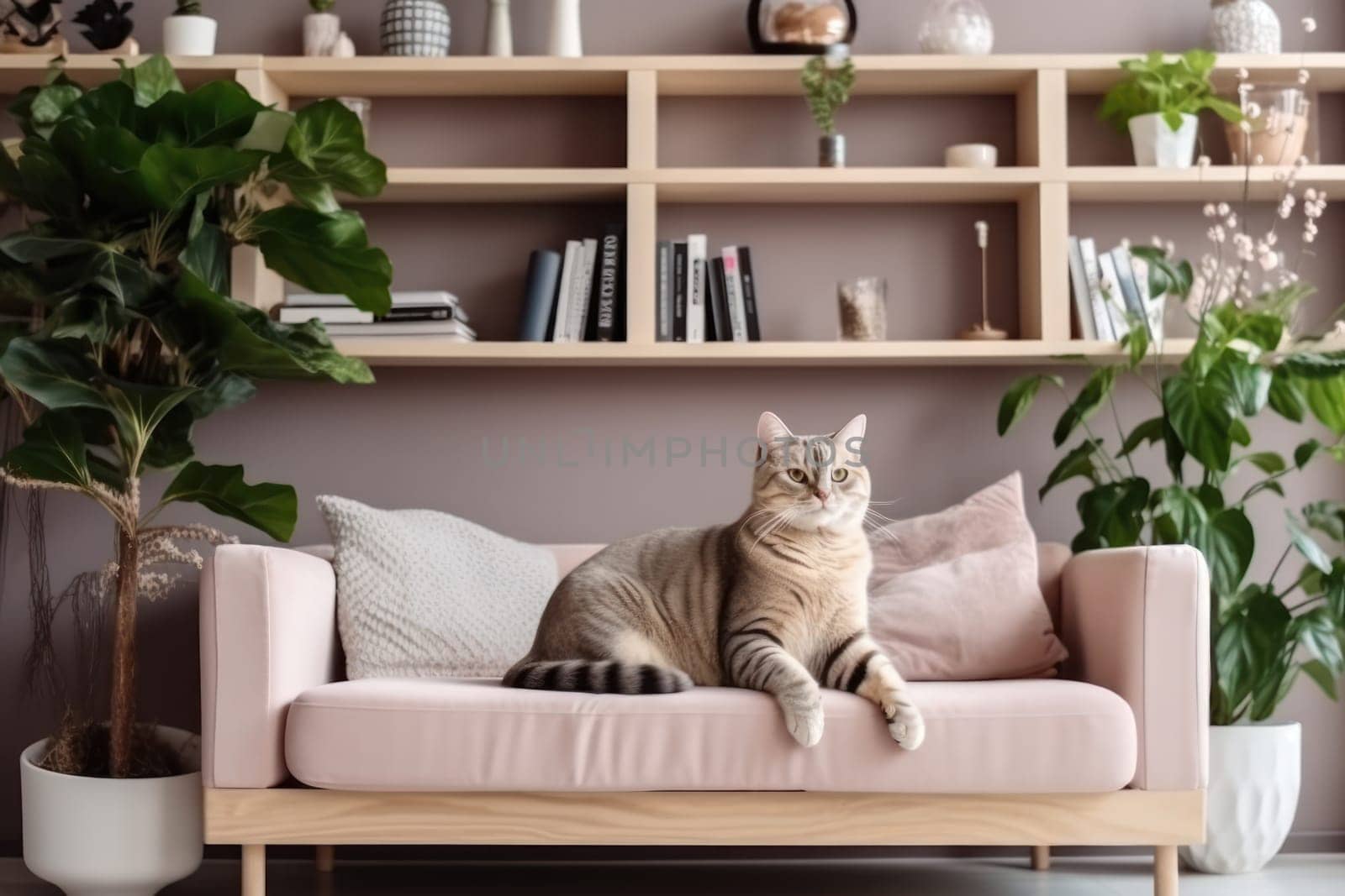 Modern living room interior Cute cat near couch Generative AI.