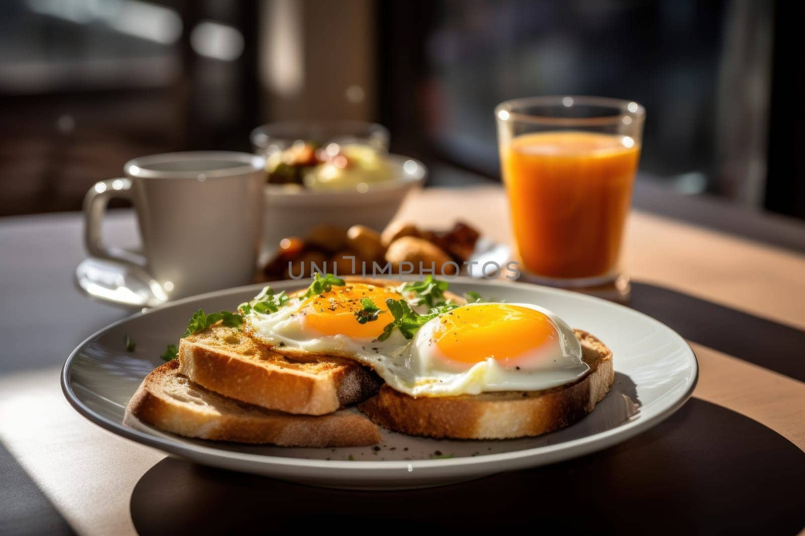 Breakfast with delicious fried eggs garnished with sliced tomato Generative AI.