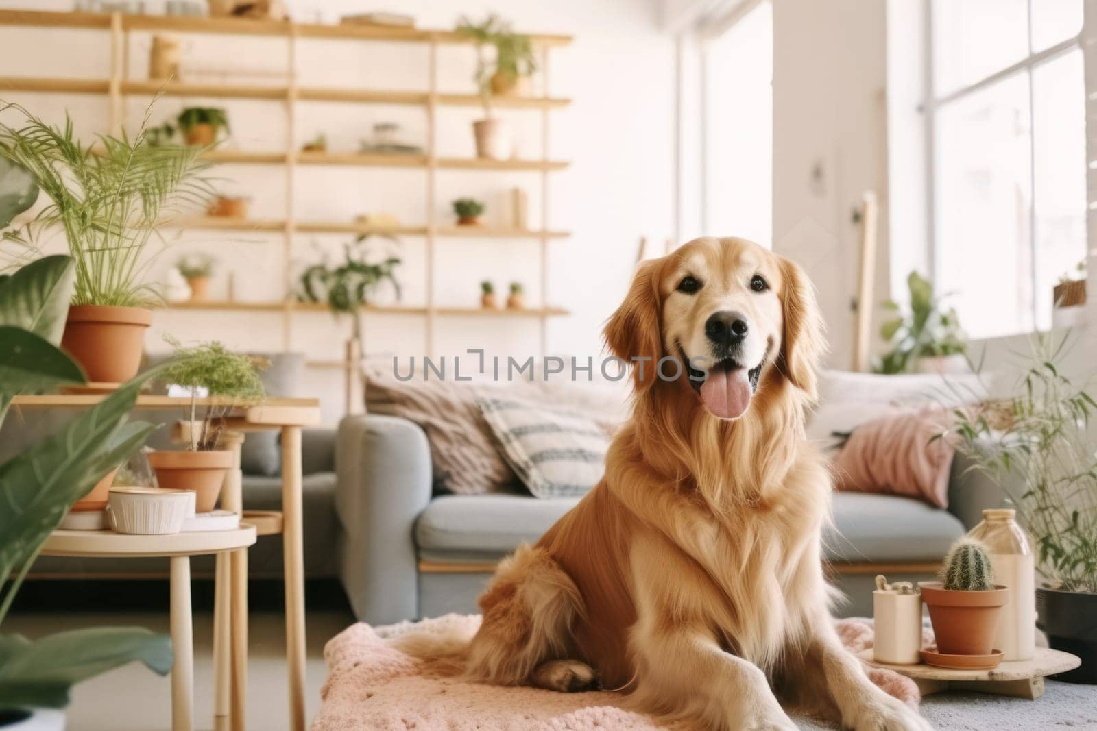 Modern living room interior Cute Golden Labrador Retriever near couch Generative AI.