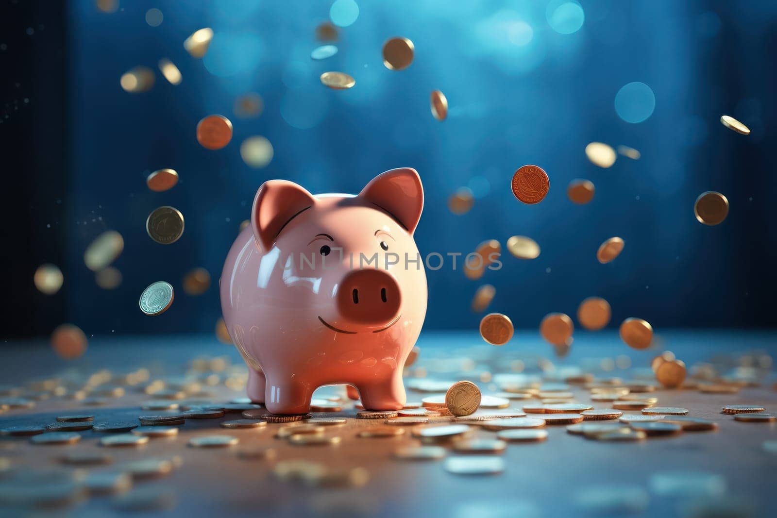 Piggy bank with falling coins. Savings and investment. Generative Ai.