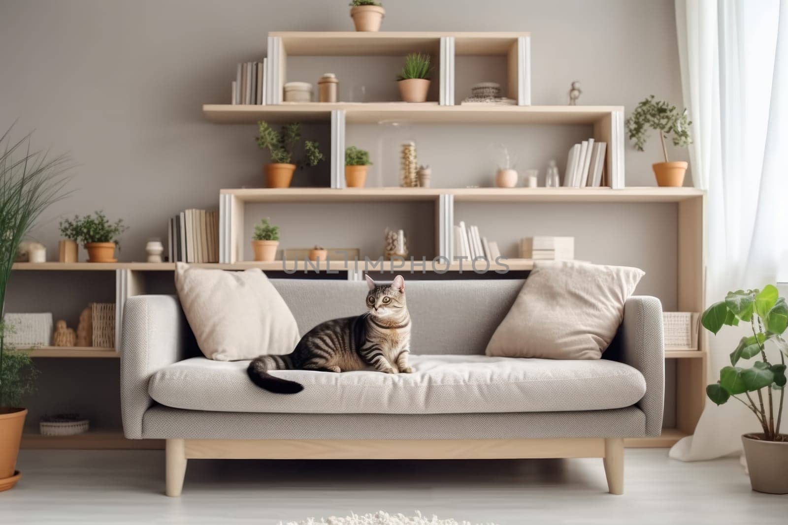Modern living room interior Cute cat near couch Generative AI.