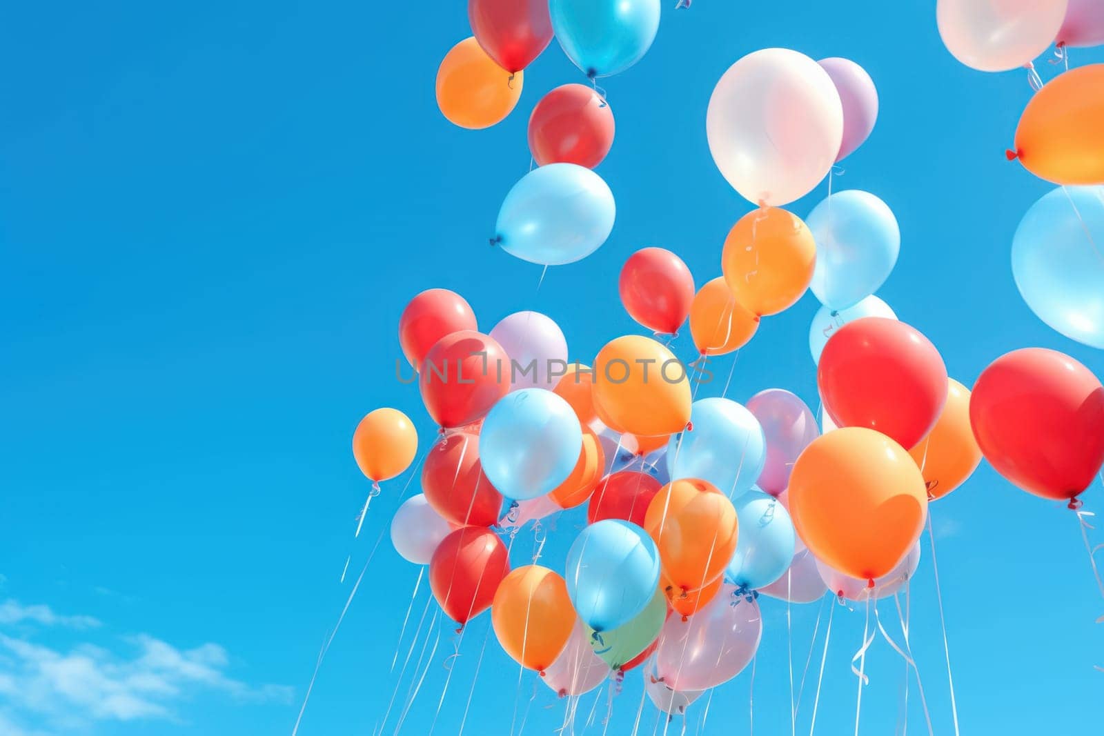 Colorful balloons floating against a clear blue sky, Generative AI.