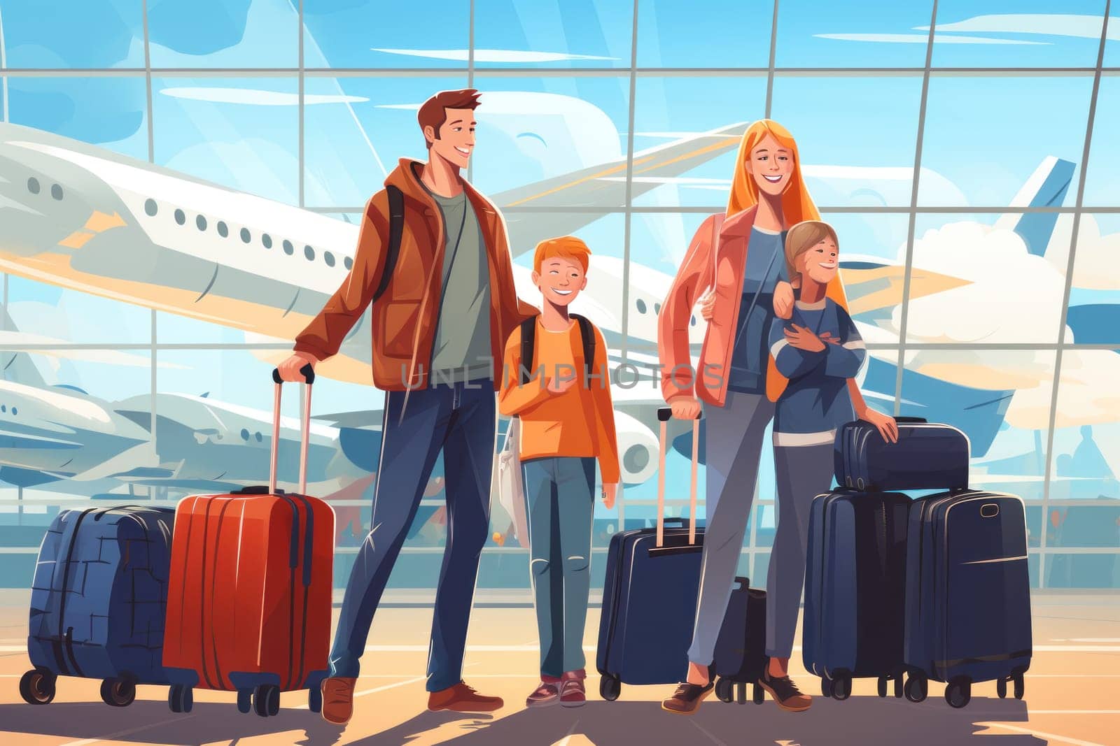 Family Trip Concept, family travel at airport,Time for family vacation, family travel at airport 2d, Generative AI.