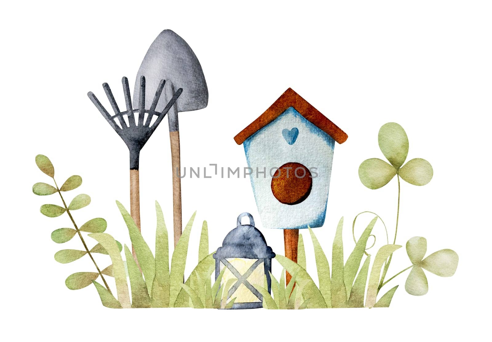 Cute bird house with garden shovel and chopper in green grass watercolor painting. Beautiful aquarelle spring drawing with birdhouse and harvest tools