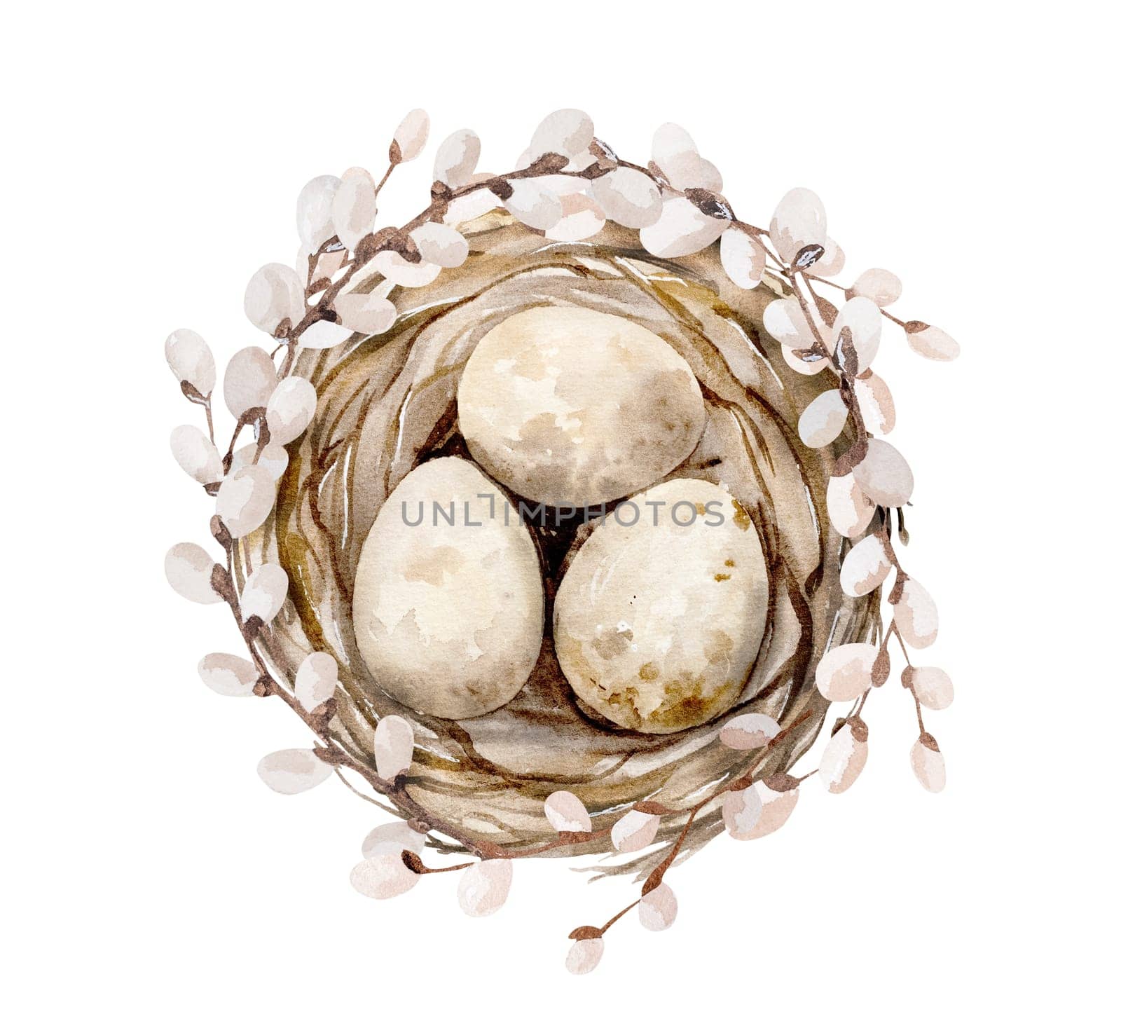 Easter watercolor painting with traditional eggs in nest on white background. Festive spring religion aquarelle drawing postcard with trendy design