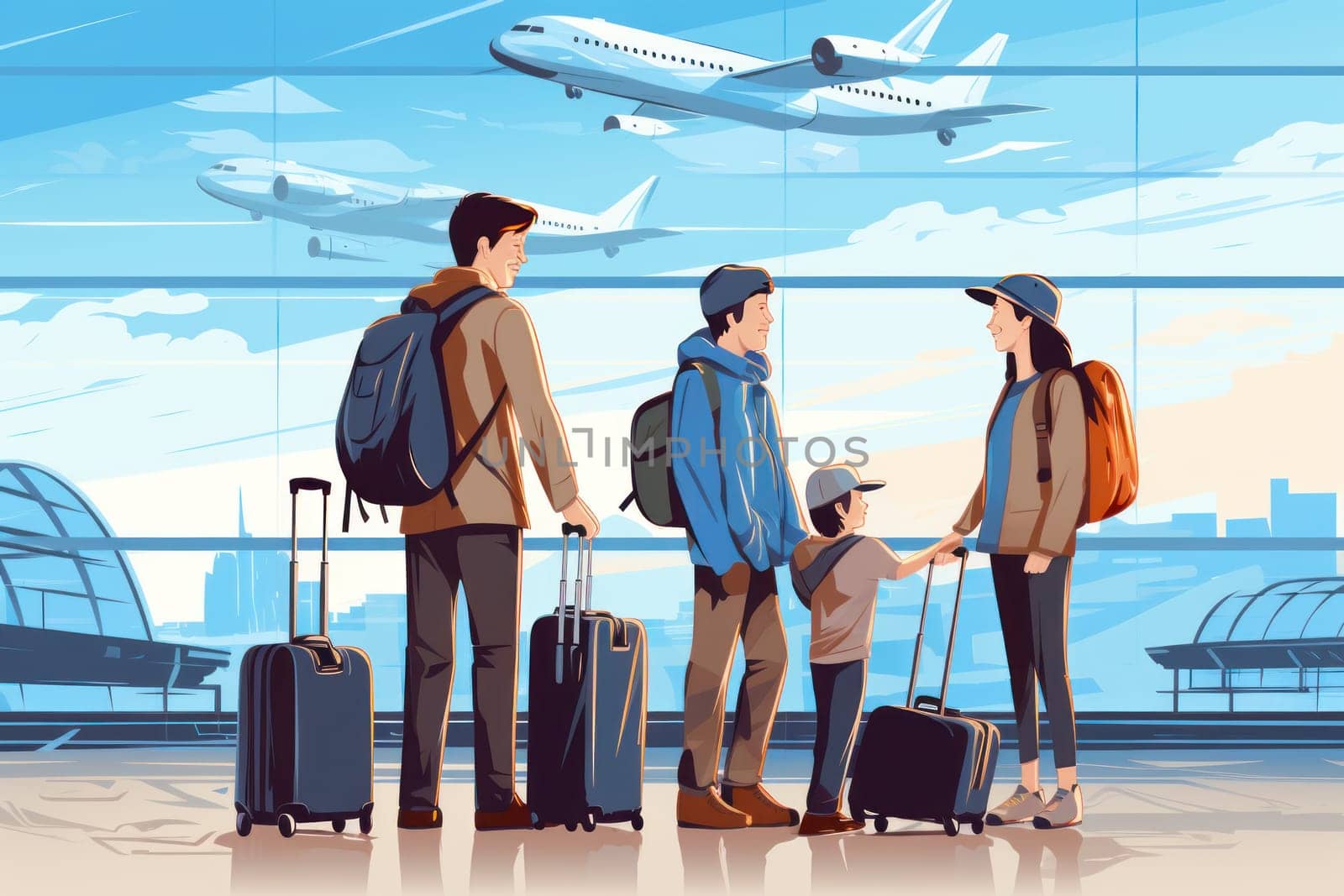 Family Trip Concept, family travel at airport,Time for family vacation, family travel at airport 2d, Generative AI.