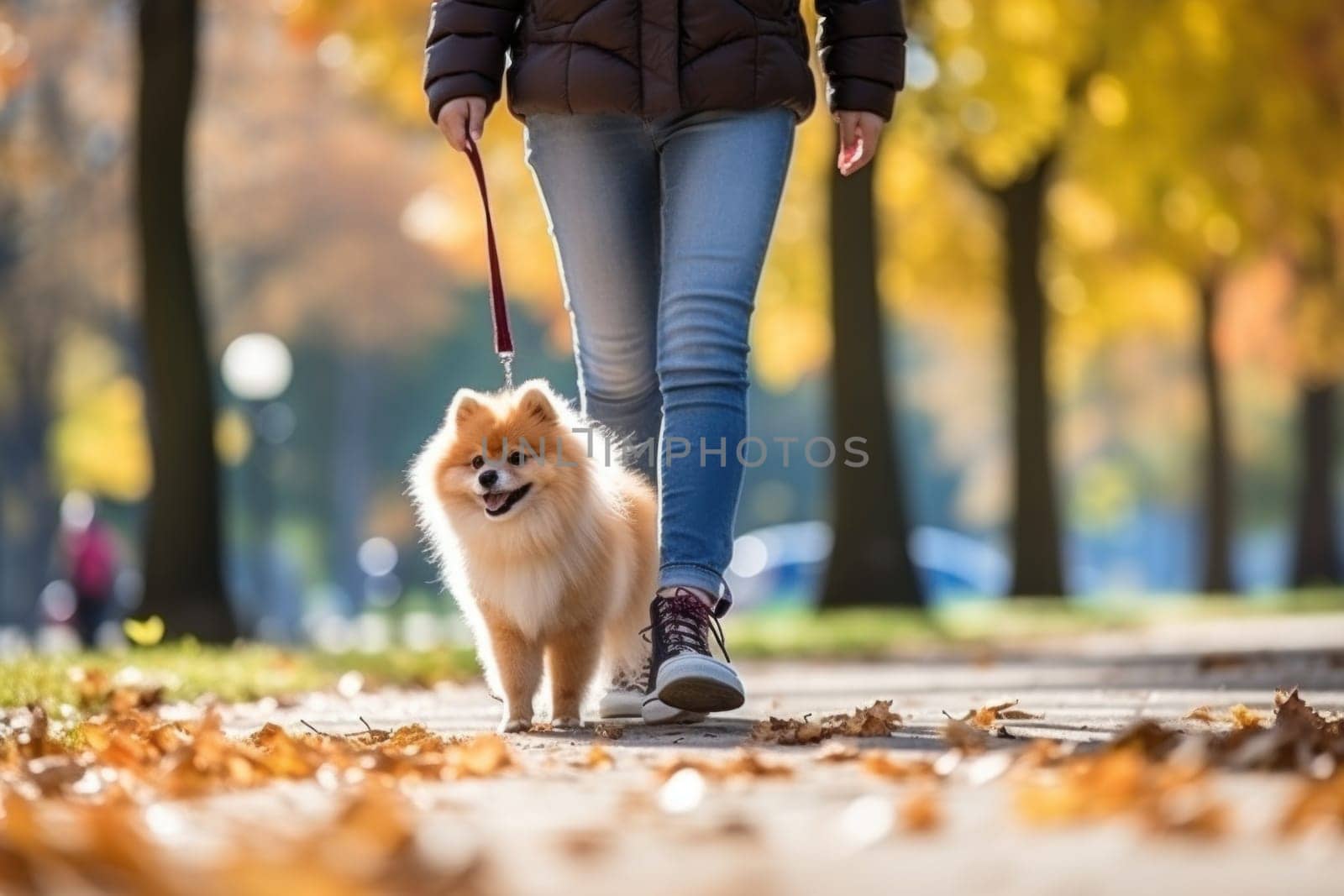 image of a person walking a pet dog in a city park on a sunny autumn day by nijieimu