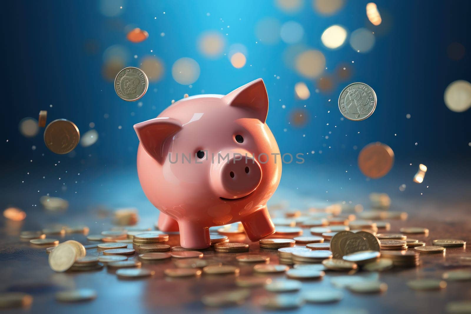 Piggy bank with falling coins. Savings and investment. Generative Ai.