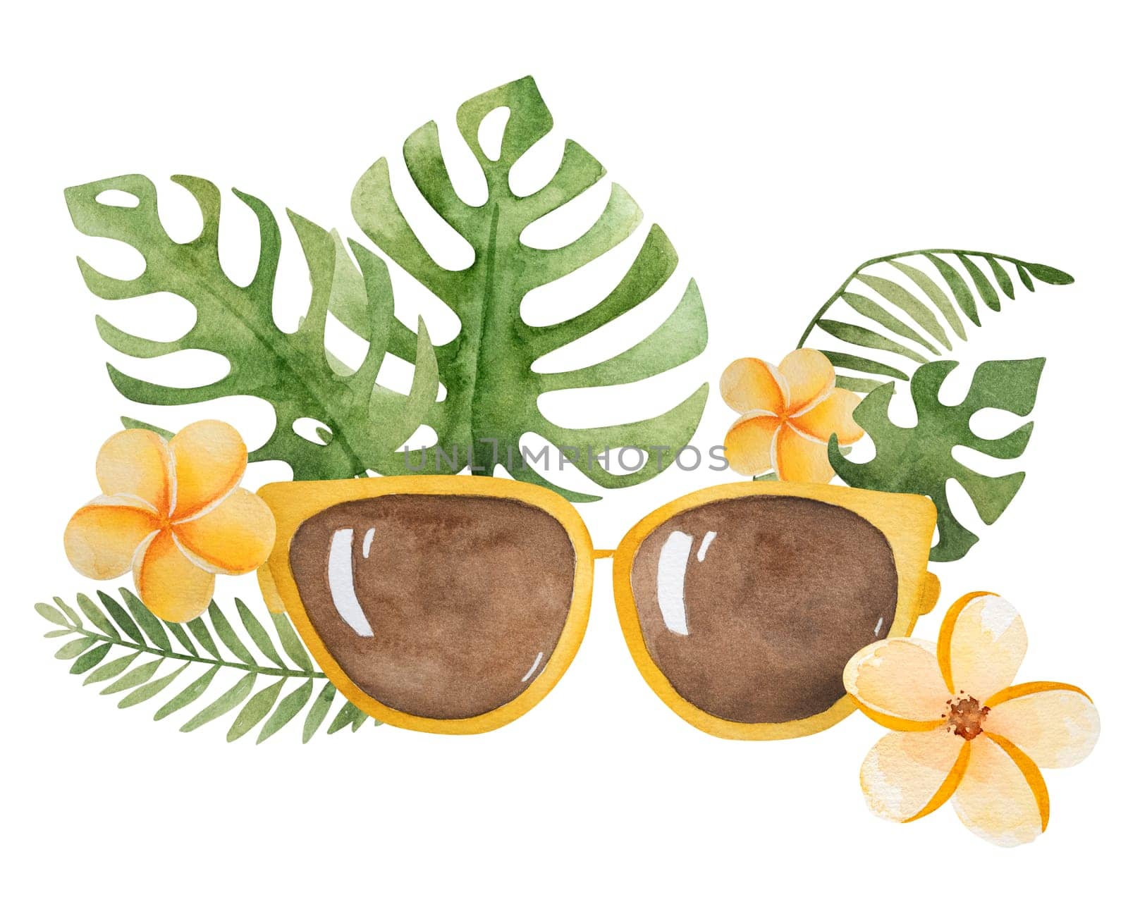 Hand-Drawn Image Watercolor Illustration Featuring Sunglasses With Tropical Leaves And Flowers by tan4ikk1