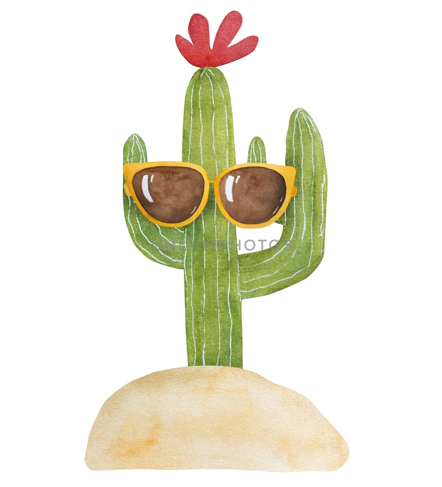 Hand-Drawn Image Of A Cheerful Cactus In Sunglasses, A Watercolor Illustration On A Vacation Theme, Is A Clipart On A White Background