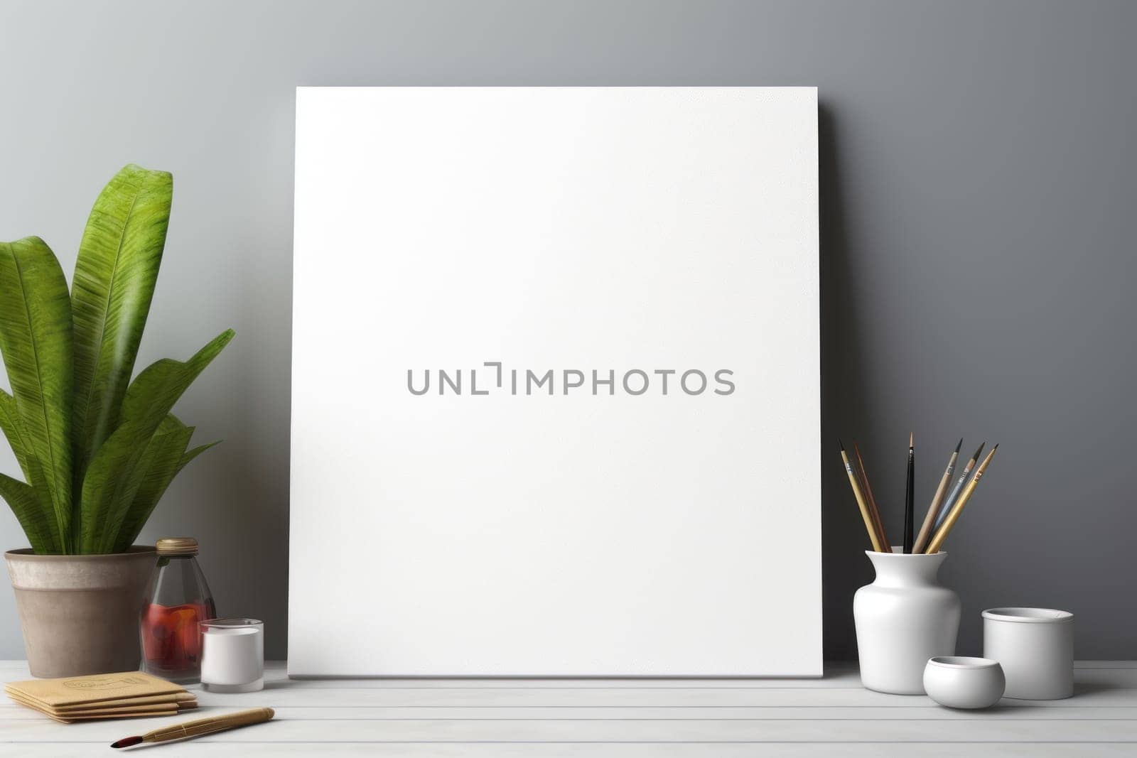 A white sheet of paper on a table with art supplies, top view, Generative AI.