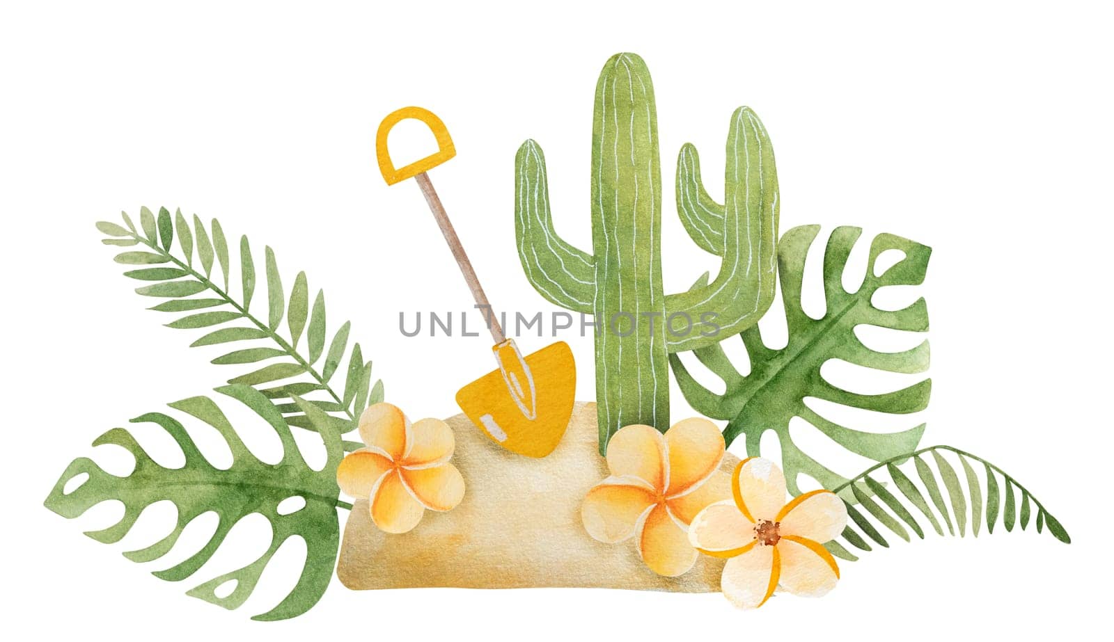 Hand-Drawn Illustration Of A Summer Scene With Sand, A Shovel, A Cactus, And Tropical Flowers And Leaves Clipart On A White Background