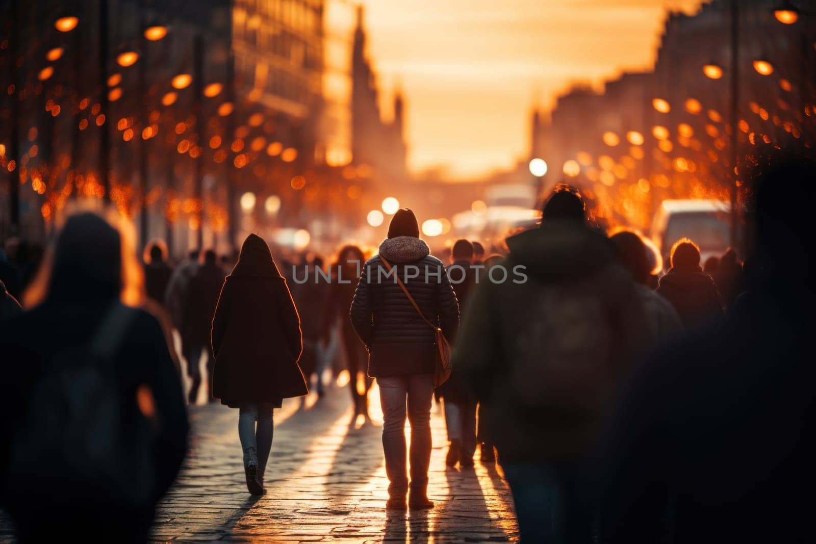 Crowd of people walking in the street with soft bokeh, fast moving in city.