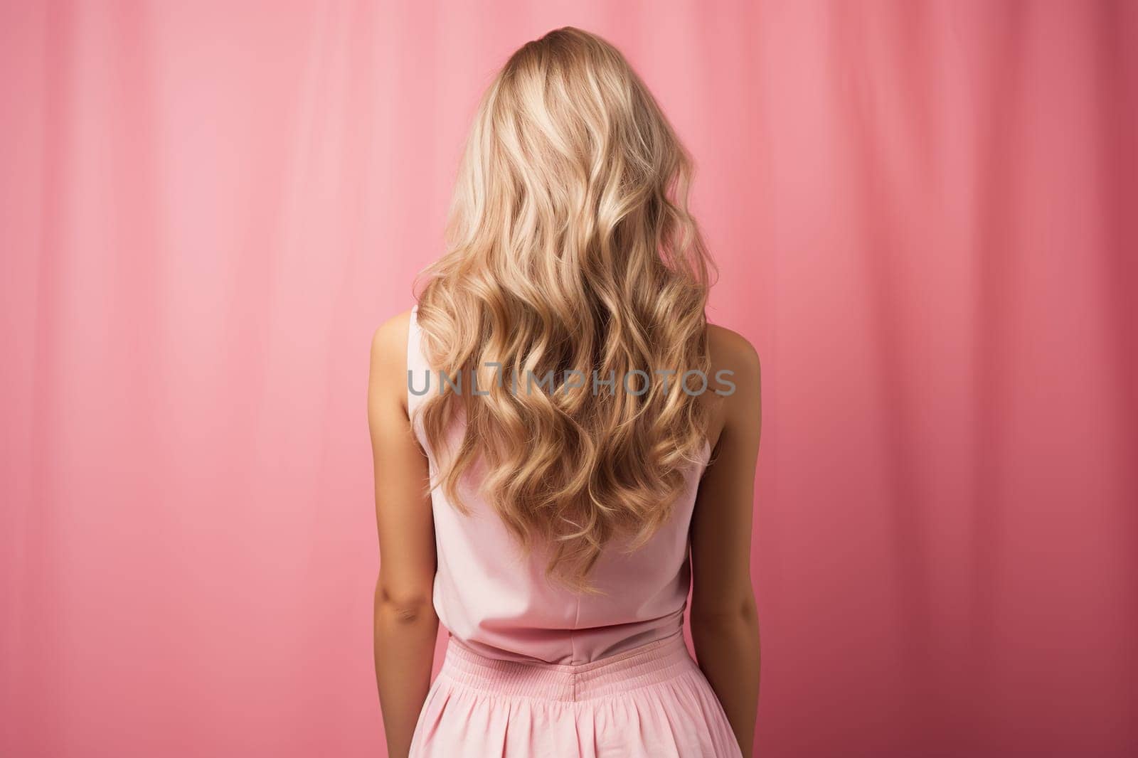 Rear view of a slender blonde woman in a pink dress against a pink wall. Generated by artificial intelligence by Vovmar