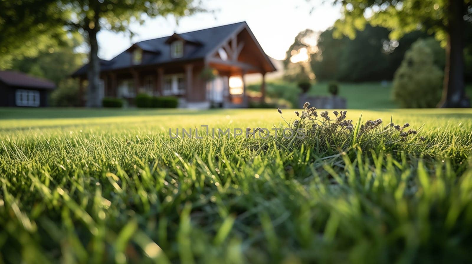 Golden hour light bathing a peaceful suburban house and lush lawn.