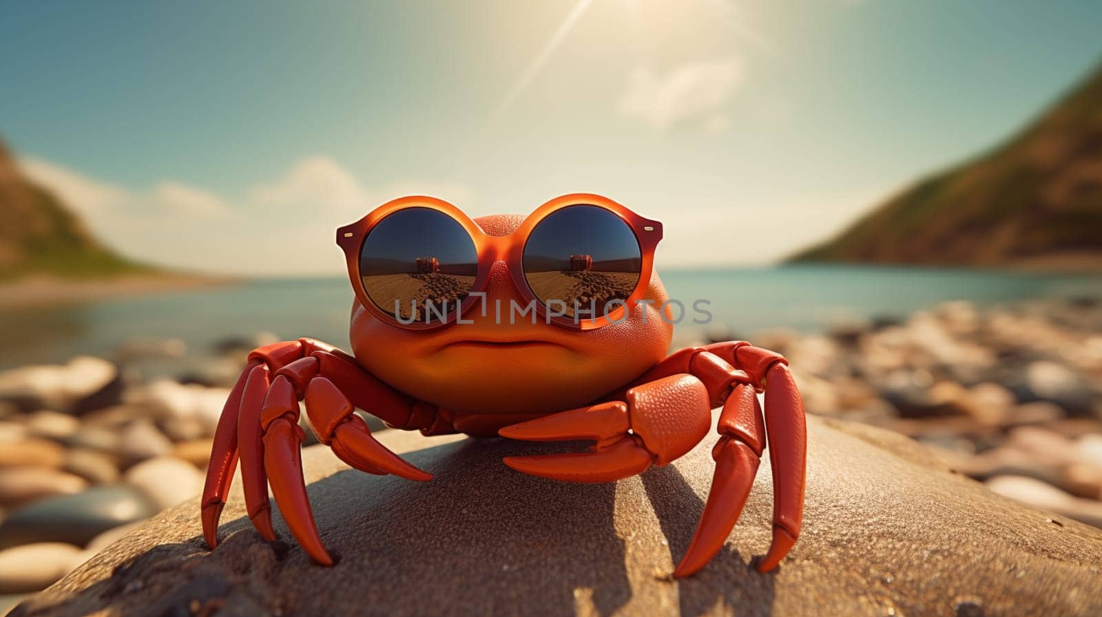 A whimsical crab donning sunglasses, basking on a pebbly beach by Zakharova