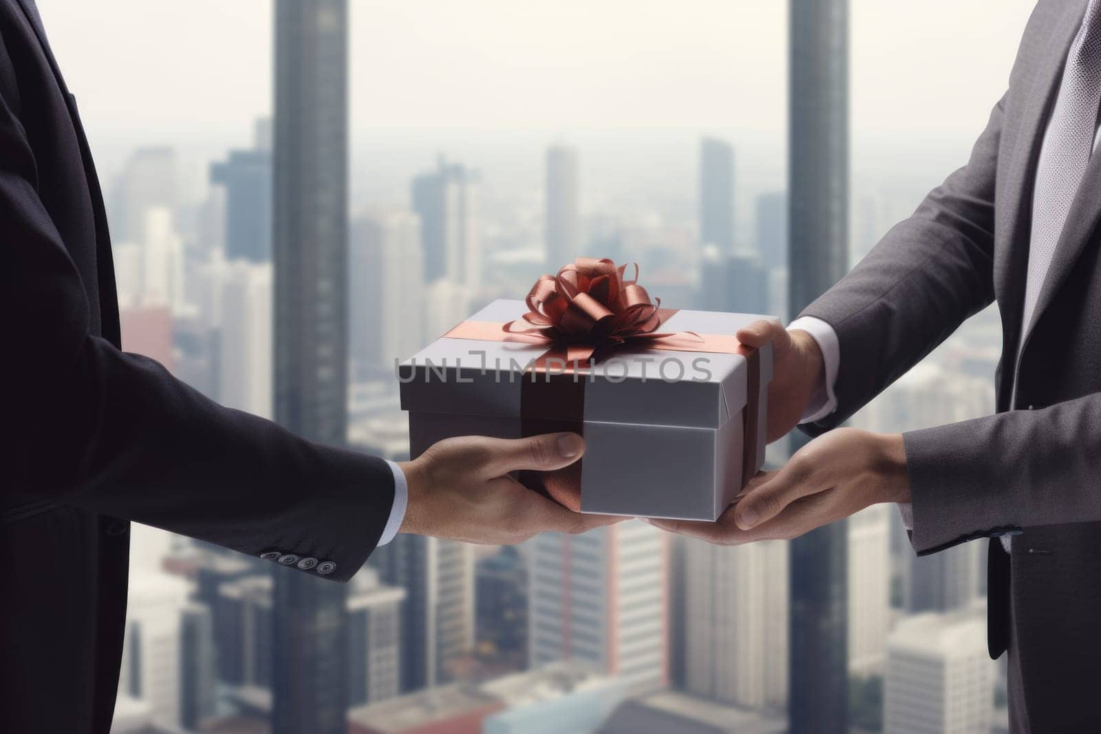 Close-up view of hands Giving a business gift in an office.