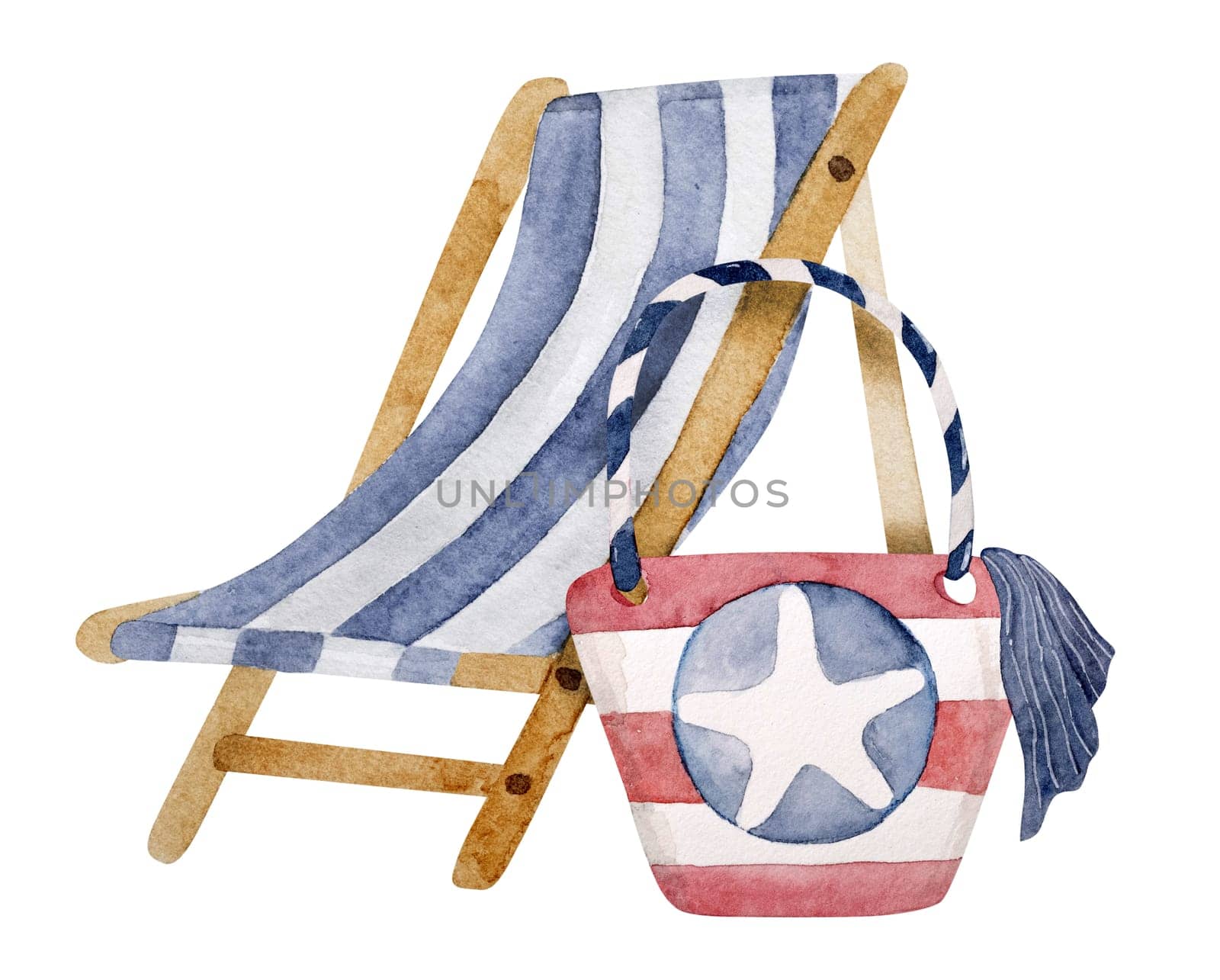 Hand-Drawn Watercolor Illustration Features Beach Bag And Beach Lounge Chair Summer Clipart