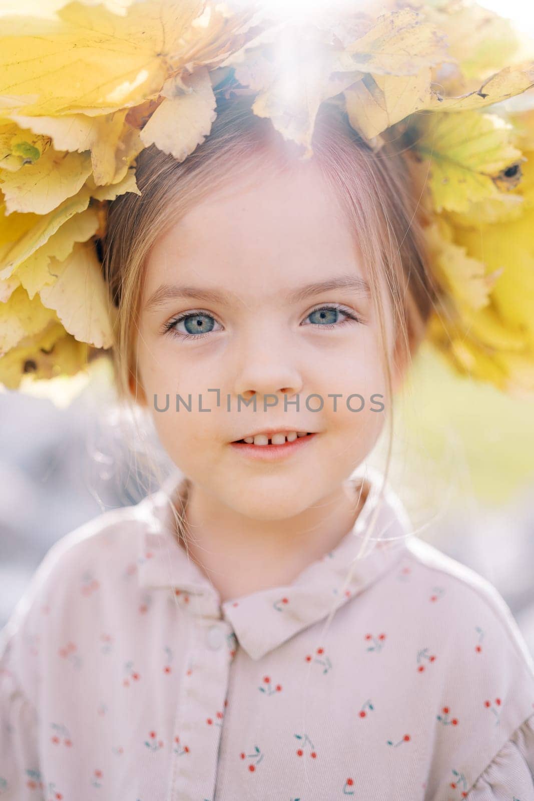 Little surprised girl wearing a crown of yellow leaves. Portrait. High quality photo