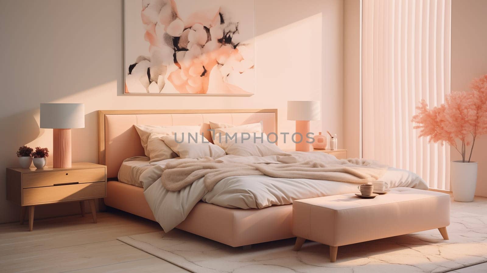 Inviting light-peach-color bedroom with soft blush tones, elegant decor, and abstract canvas art in morning light by Zakharova