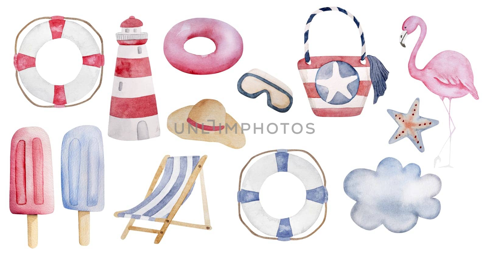 Hand-Painted Watercolor Set Of Images Includes Lifebuoy, Hat, Ice Cream, Flamingo, Lighthouse, And Other Summer Clipart