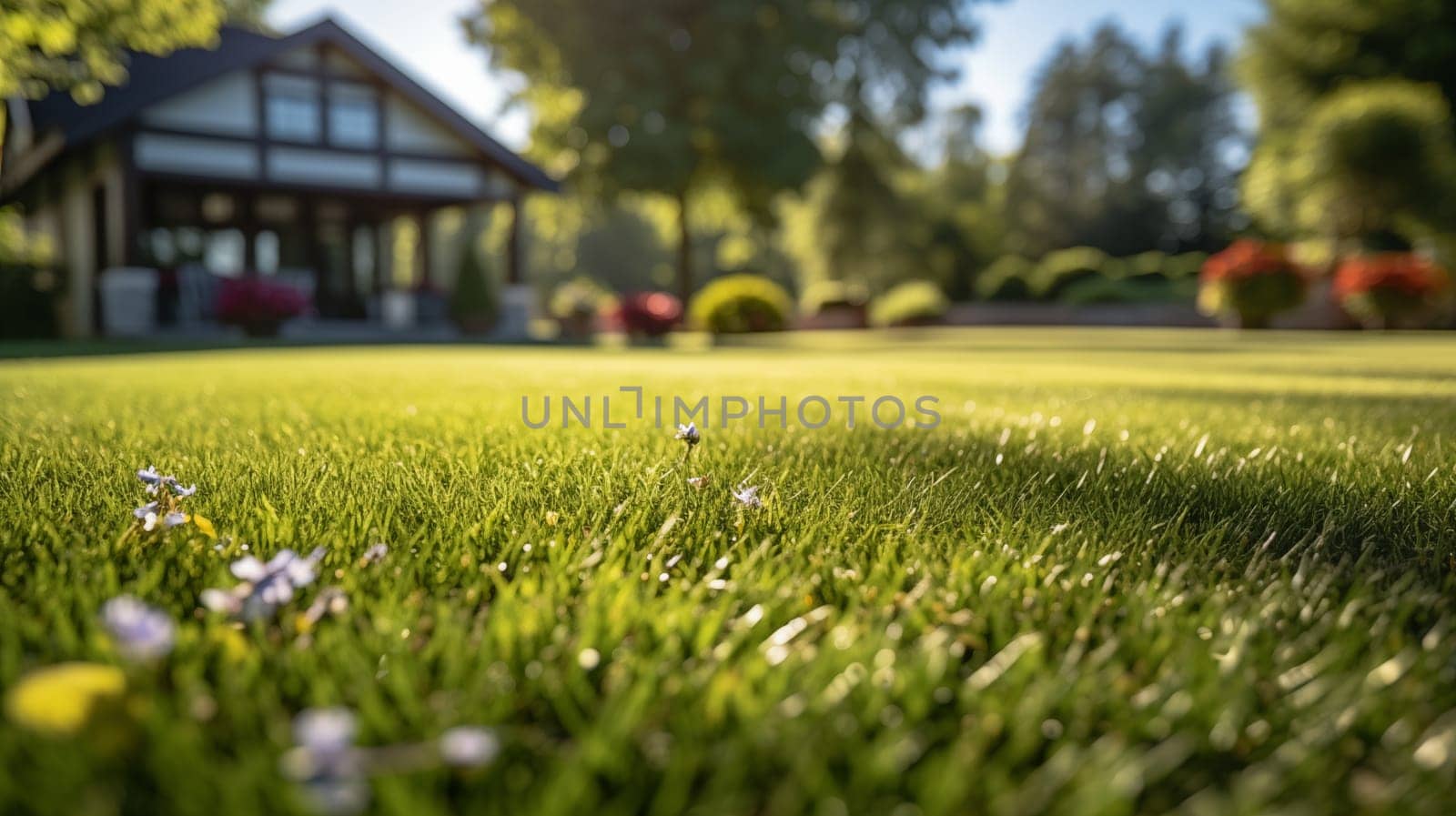 Close-up of fresh green grass with tiny wildflowers in the foreground, with a blurred house in the serene background. Place for your product
