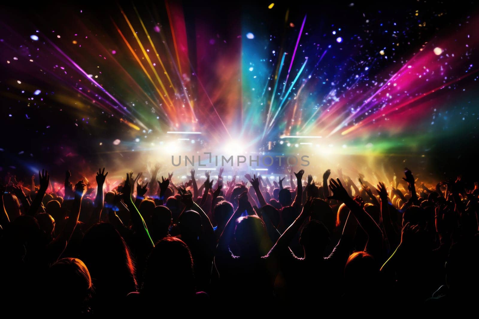 a vibrant concert crowd illuminated by colorful stage lights and surrounded by falling confetti.