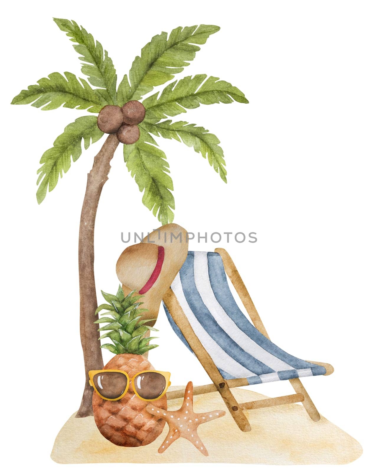 Hand-Painted Watercolor Of Palm Tree, Cocktail, And Beach Lounge Chair by tan4ikk1