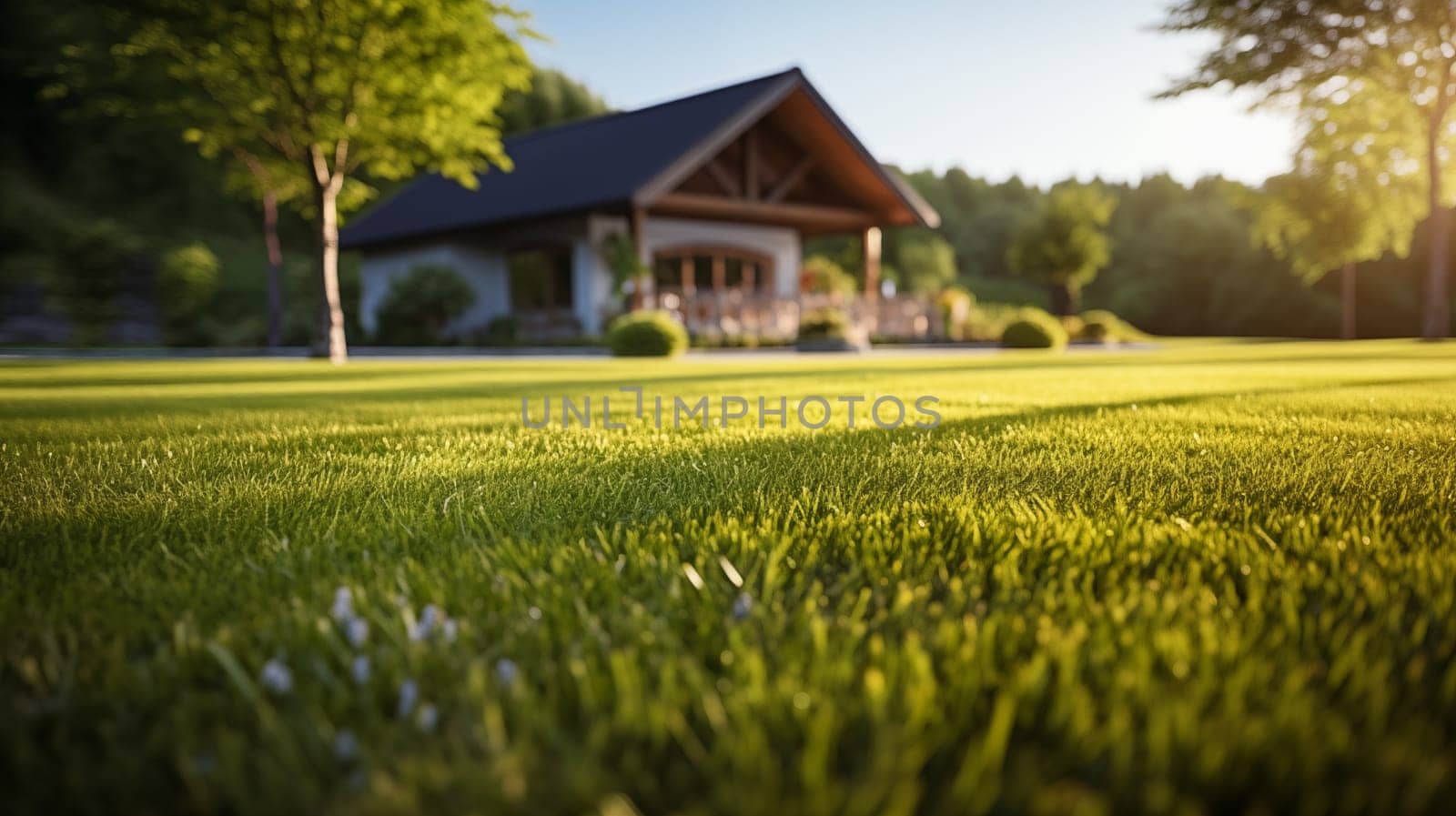 The golden sunlight of the evening casting a warm glow on the velvety grass of a spacious backyard, with a blurred view of a cozy house and trees.