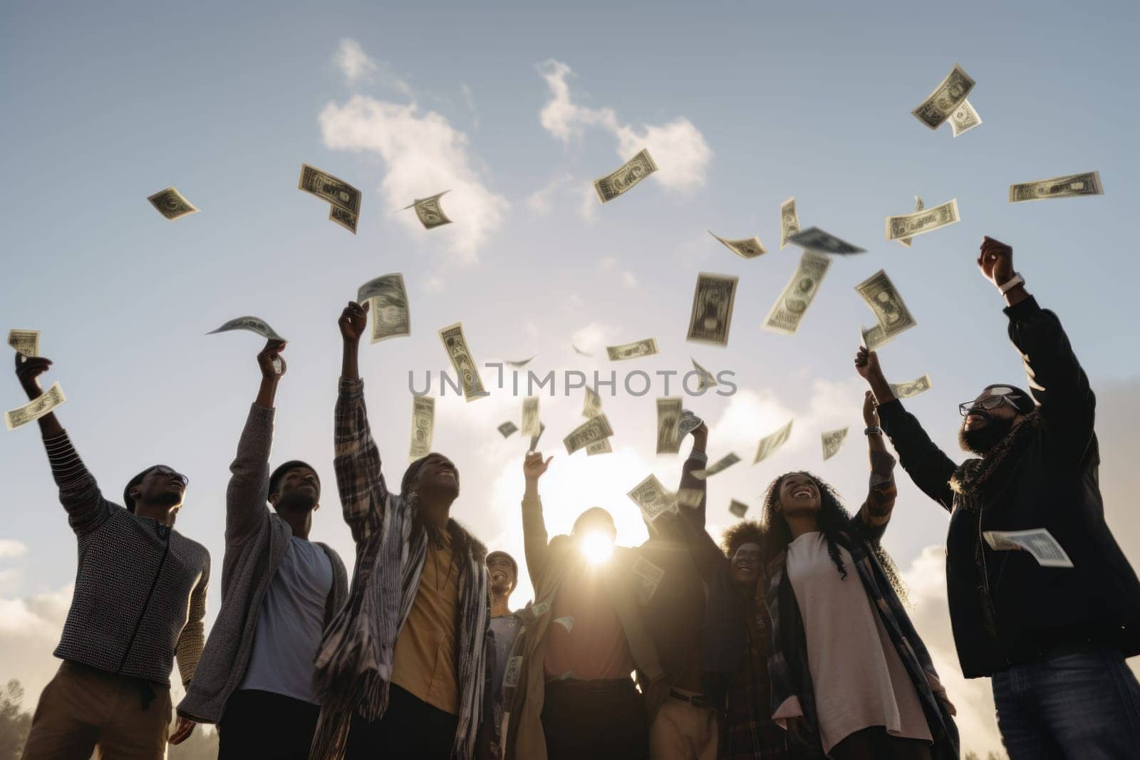 Excited group of people grabbing dollars in the air.