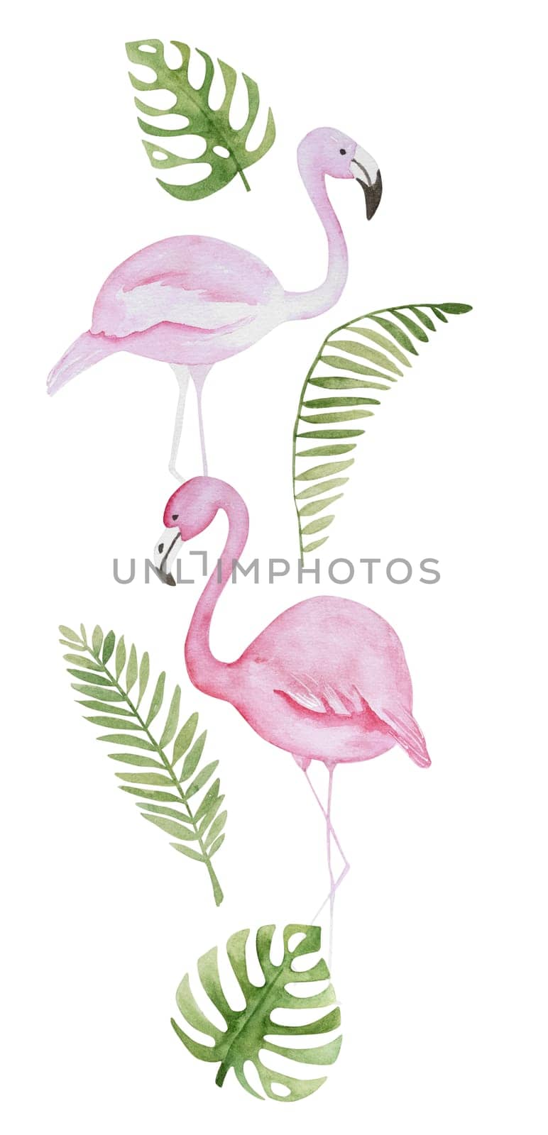 Hand-Painted Watercolor Composition Of Flamingo And Tropical Leaves by tan4ikk1