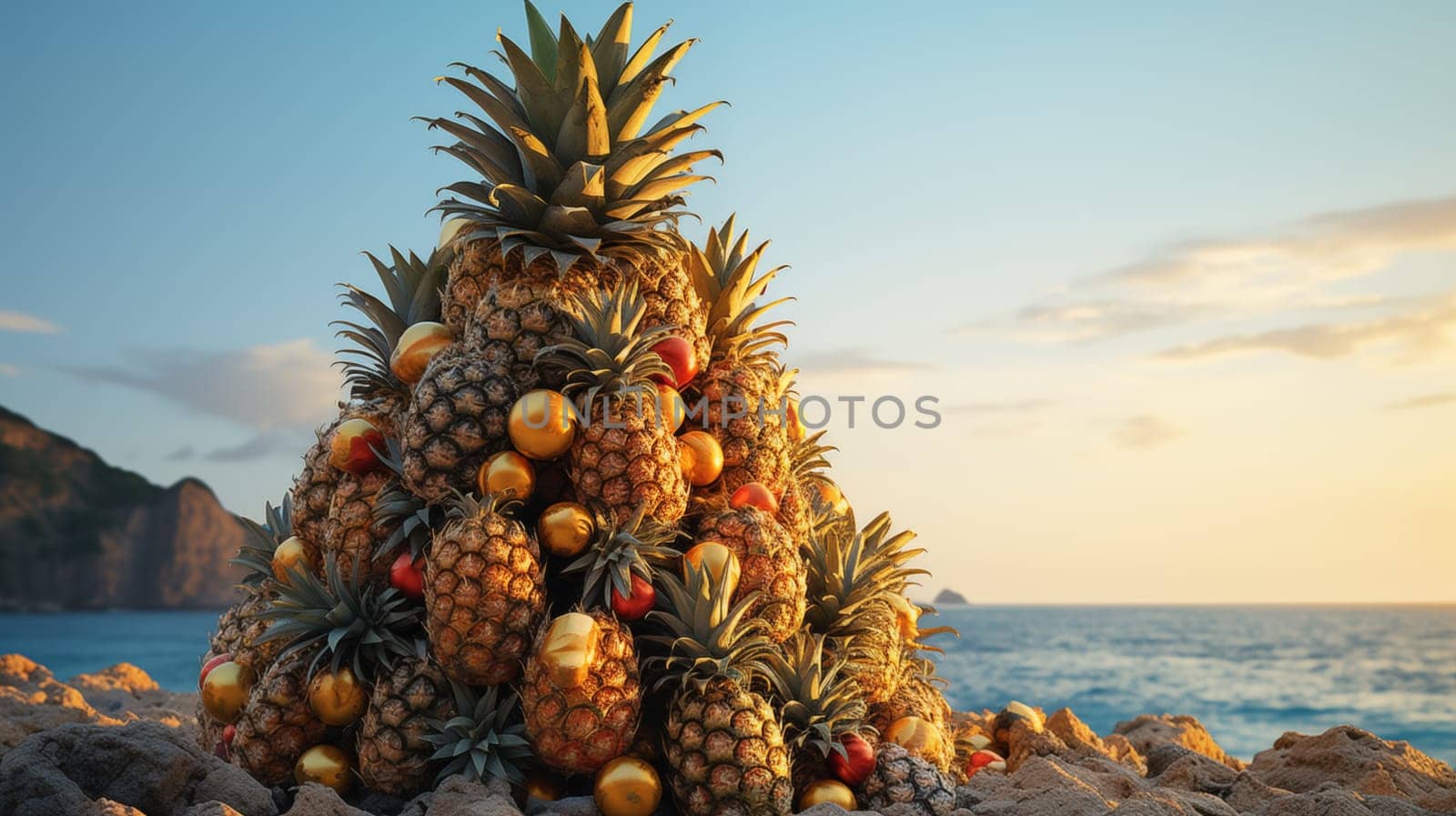 Pyramid of pineapples with golden balls standing on the sand on the beach at sunset. Tropical Christmas concept on the beach