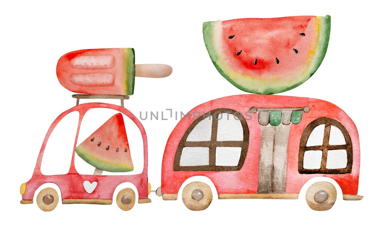 Hand-Painted Watercolor Of A Van And Mobile Home Driving With Watermelons And Watermelon Ice Cream On The Roof, A Summer Clipart