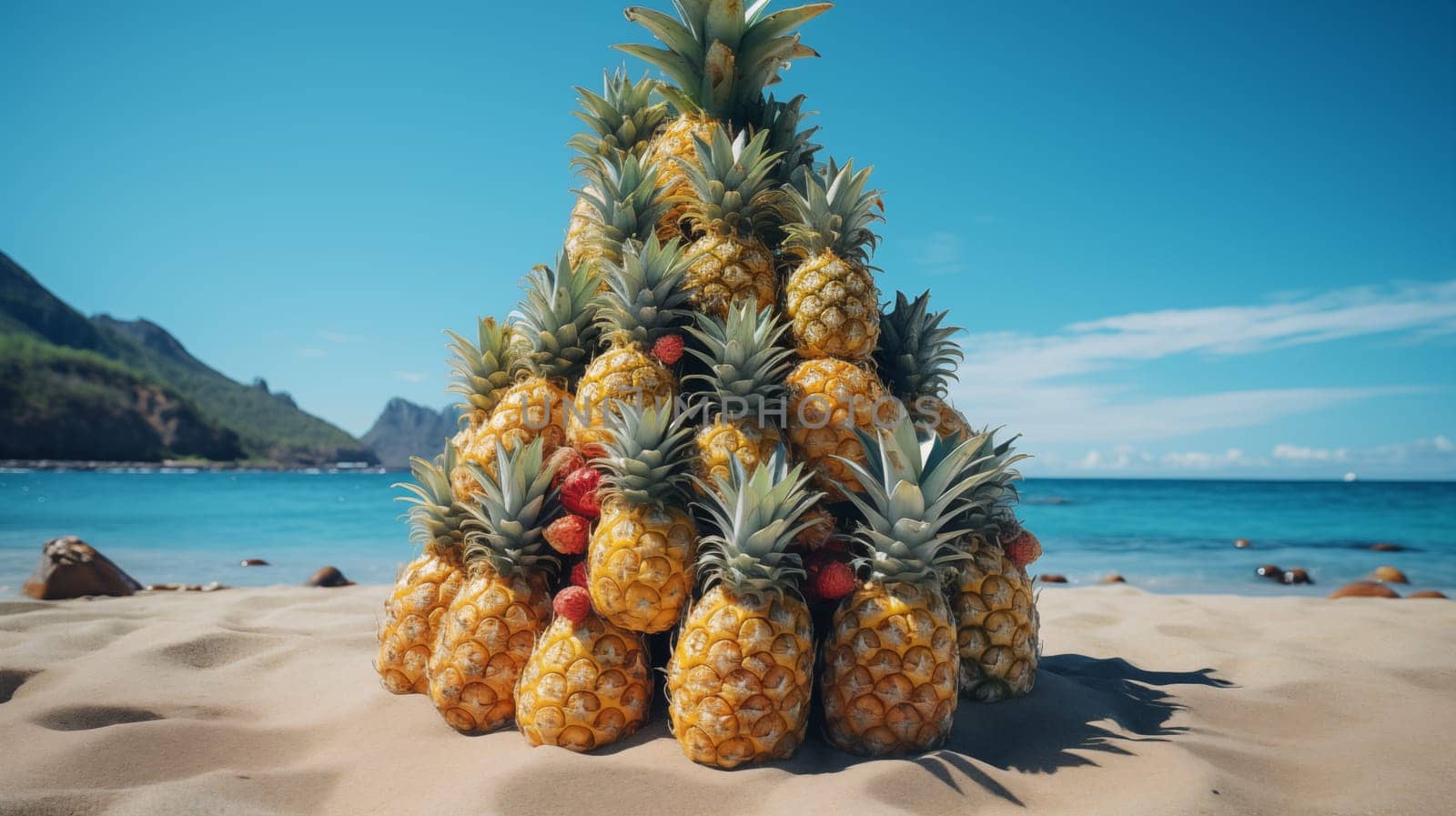 Pyramid of pineapples standing on the sand on the beach.