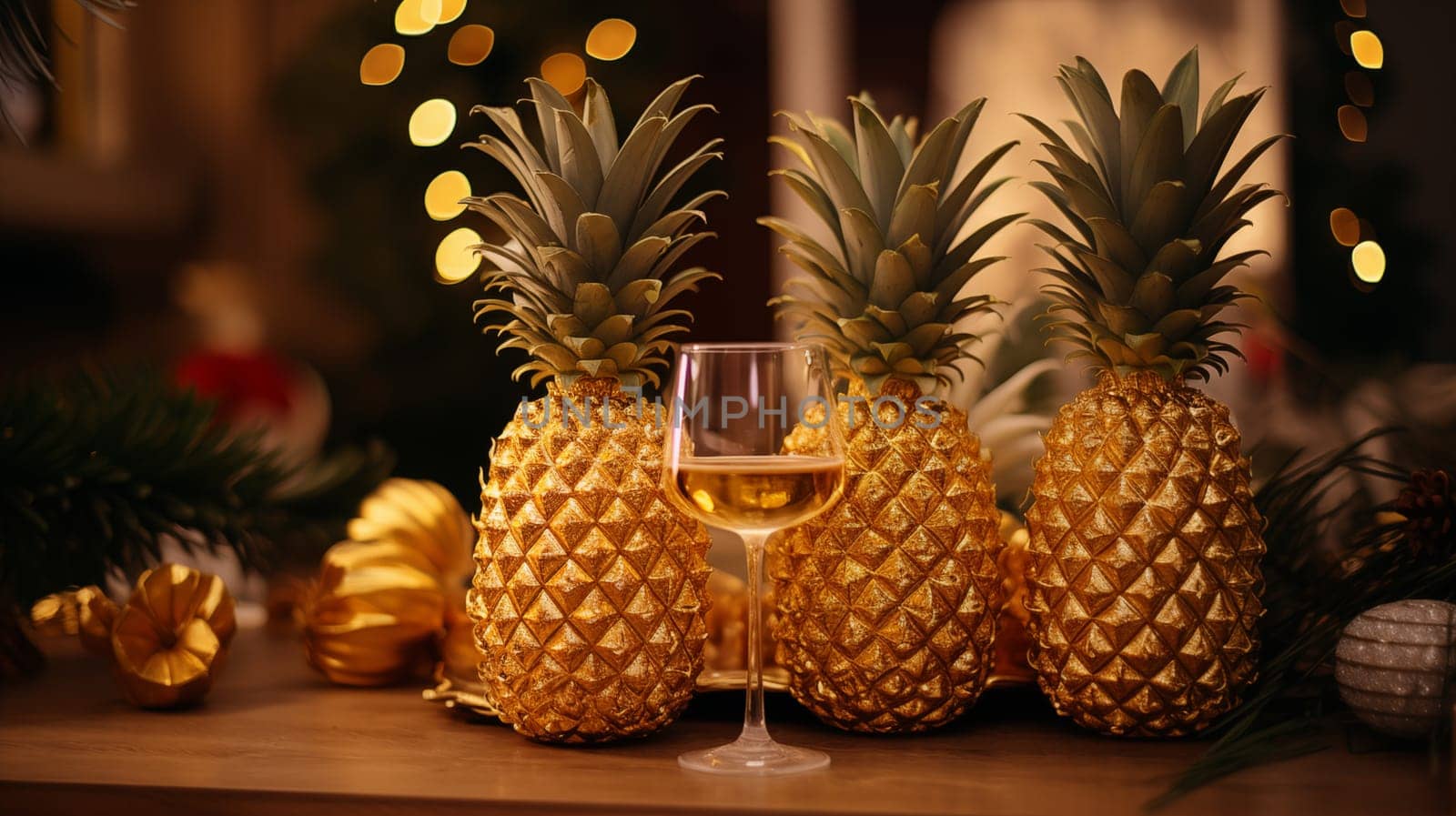 Three golden pineapples and glass of champagne, stand on plates on the table, warm evening light.