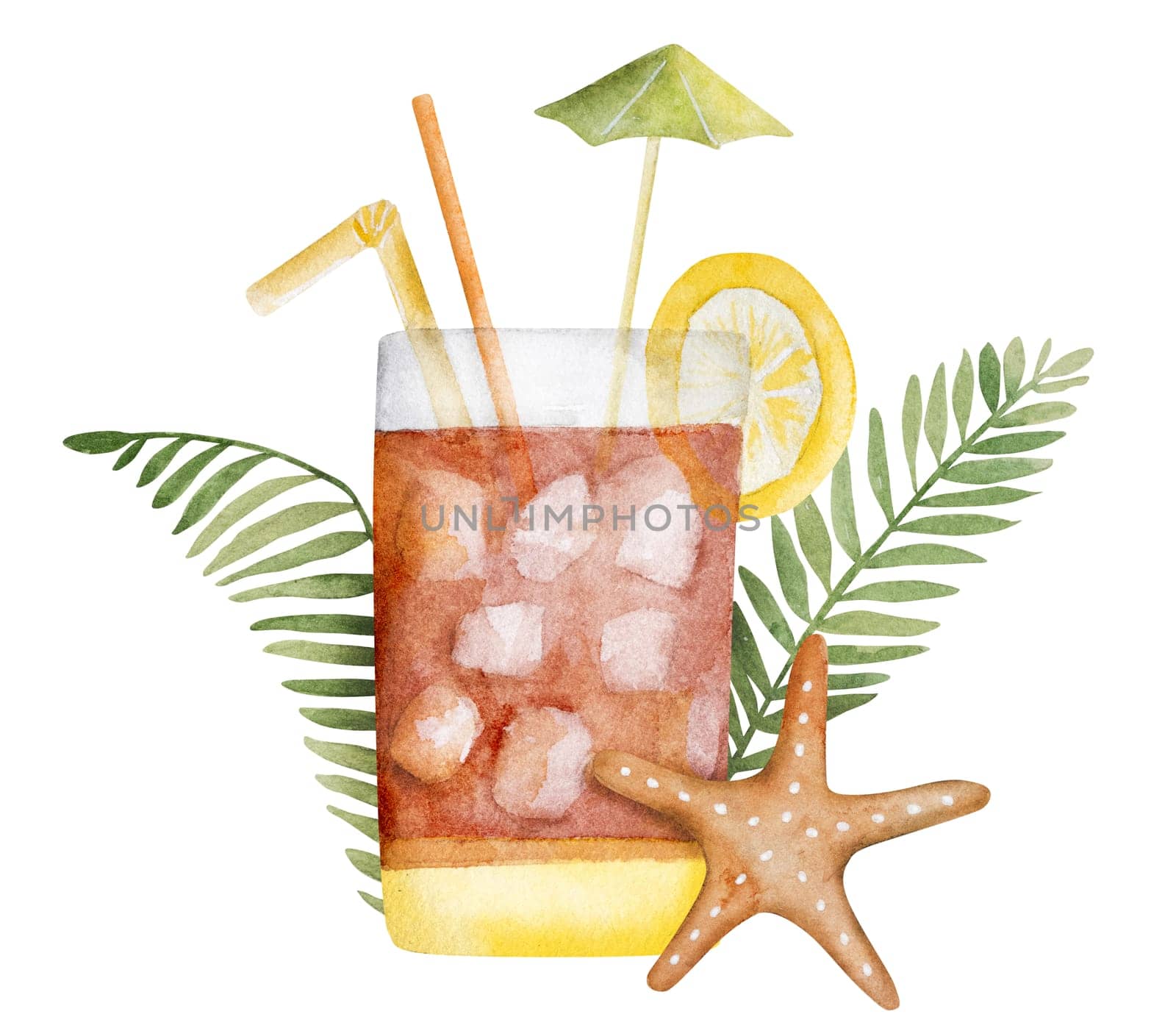 Hand-Painted Watercolor Of A Summer Cocktail With Ice And Tropical Leaves Is A Perfect Summer Clipart