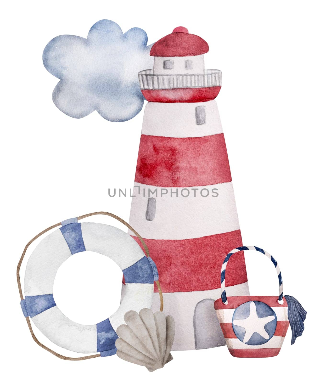 Hand-Painted Watercolor Of Lighthouse And Lifebuoy by tan4ikk1