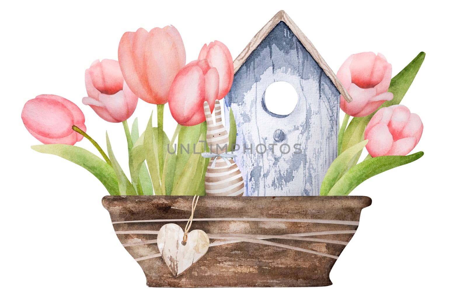 Handmade Watercolor Birdhouse And Tulips In A Pot Symbolize Easter And Spring