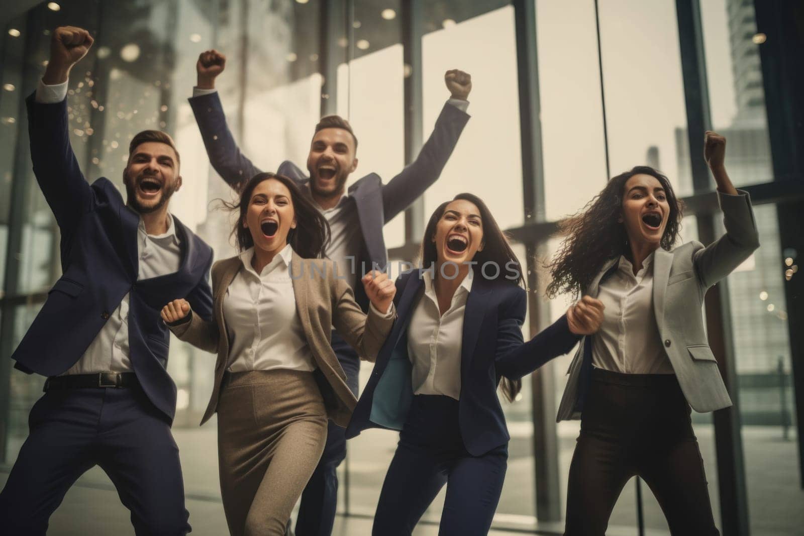 Group of successful happy business people in office celebrating.